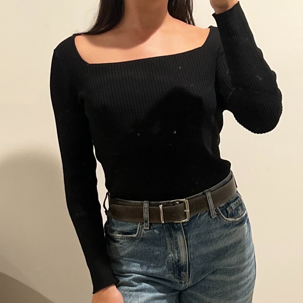 H&M Black Ribbed Square Neck Long Sleeve